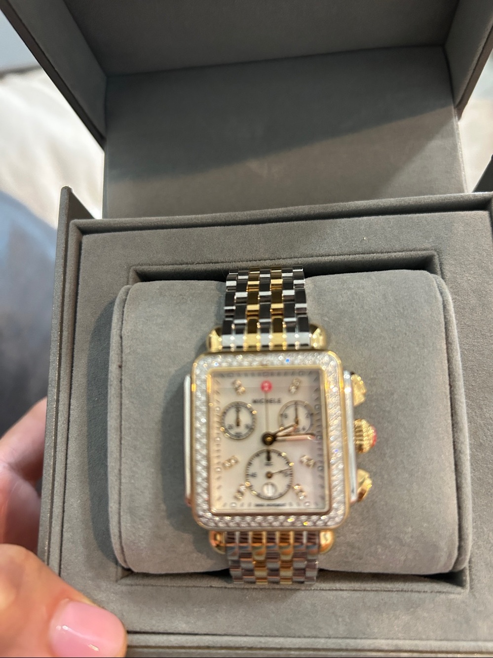 Michele Two-Tone Gold and Silver Diamond-Accent Deco Chronograph Watch - Picture 2 of 9
